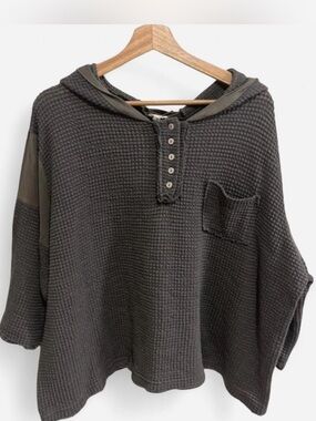 POL Womens Dark Gray Waffle Knit Hooded Long Crop Top